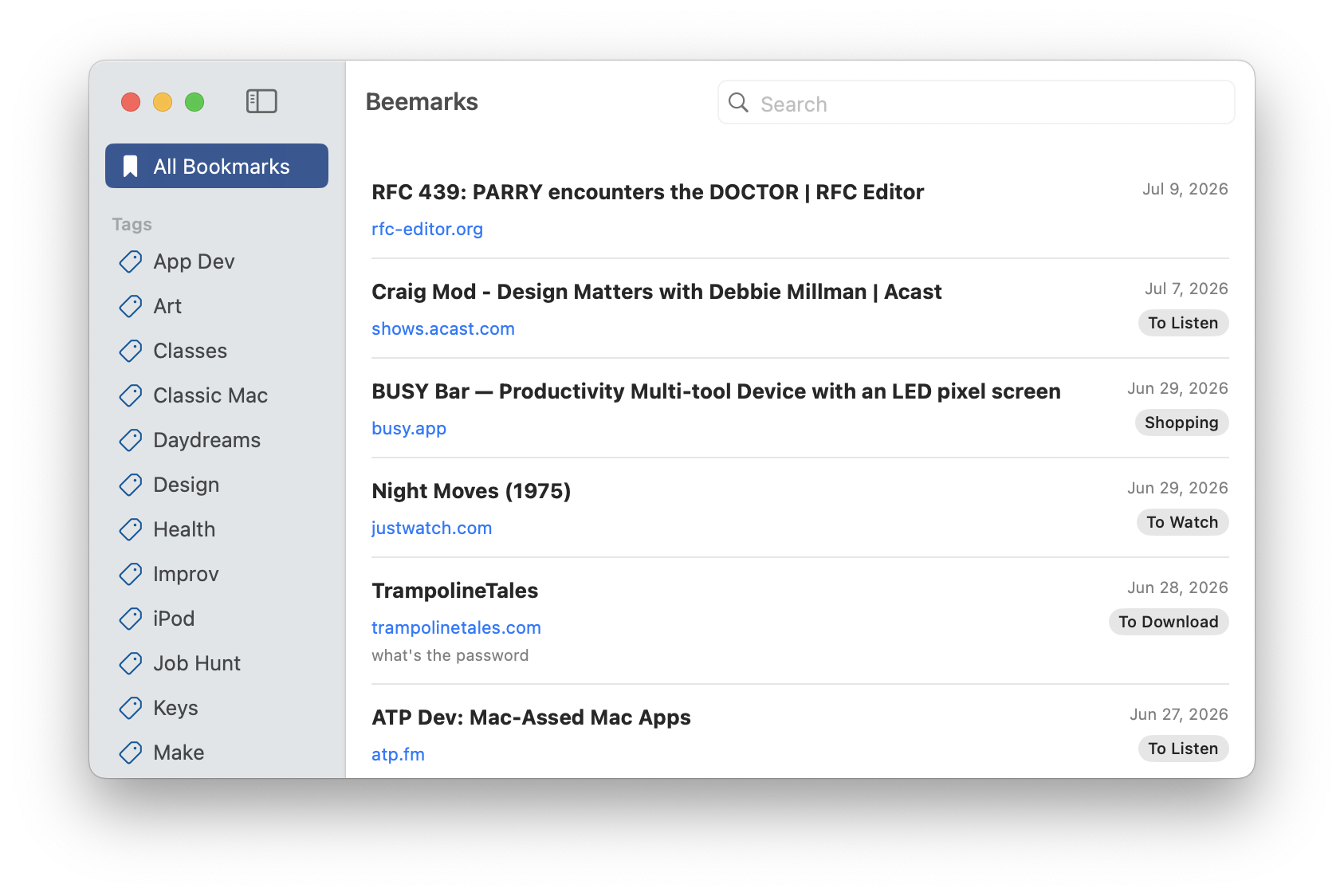 A screenshot of the Beemarks app