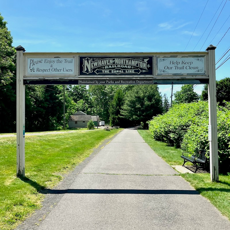 New Haven - Northampton Railroad sign over trail